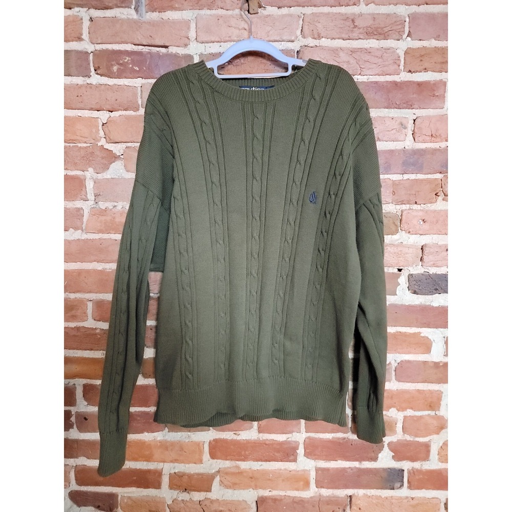 Nautica Sweater Mens XL Green Cable Knit Raglan Cuff‎ & Hem Casual Classic Fit